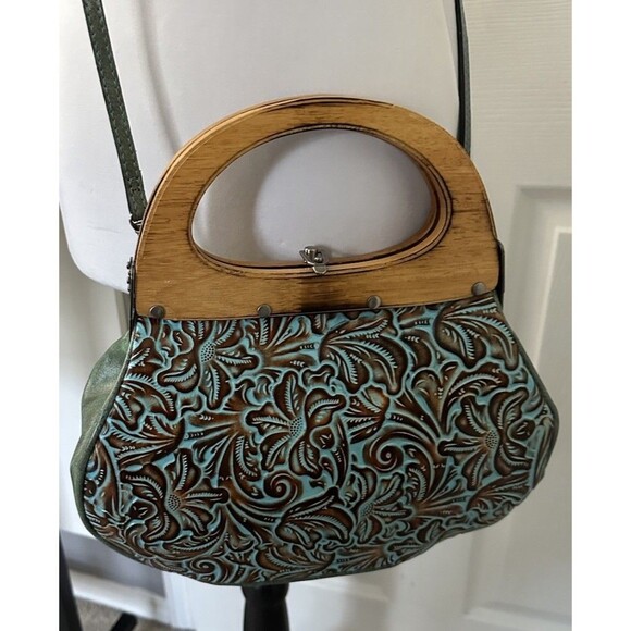 Patricia Nash Mirabella Turquoise Leather Wood Handle Purse Crossbody Floral Bag - Picture 2 of 13